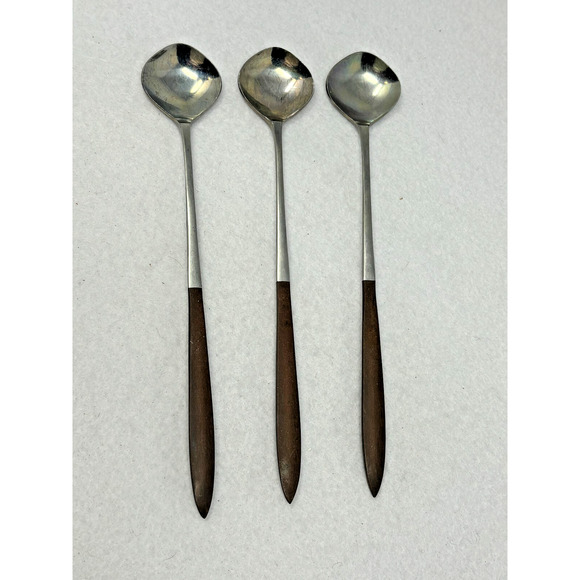 Vtg EPIC Forged Stainless ICE TEA Spoons Flatware Canoe Muffin Wood Handle MCM - Picture 1 of 5